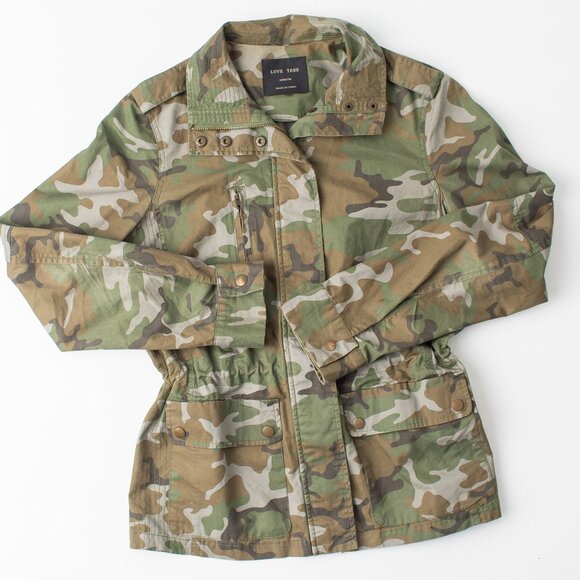 Love Tree Women's Camo Utility Jacket Size M Green Military Cargo Style Zip - Picture 1 of 11